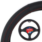 Leatherette Steering Wheel Cover with Red Stitching 38cm
